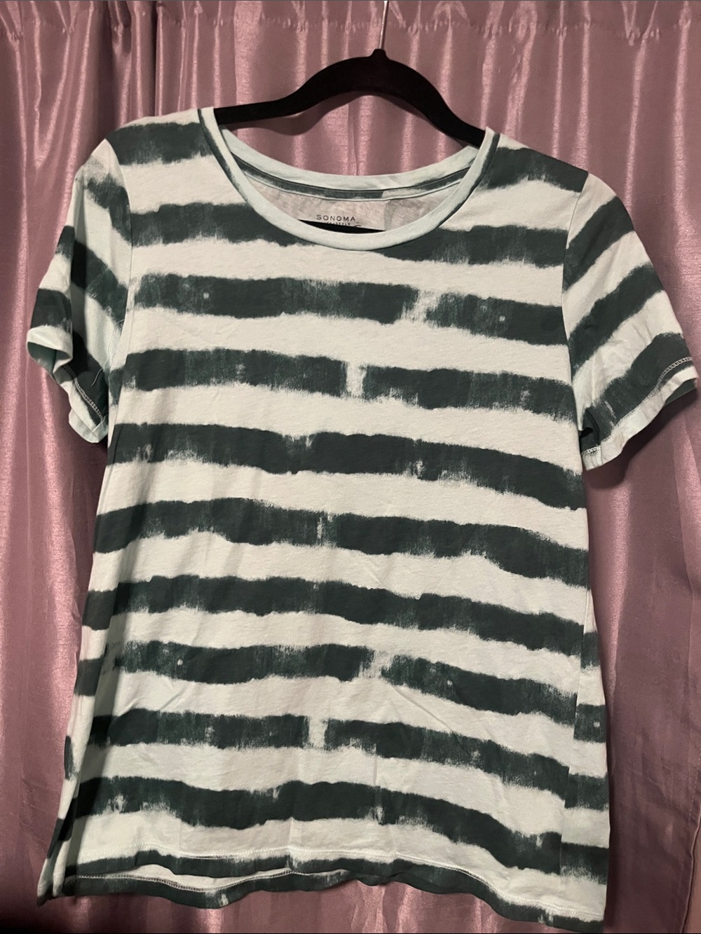 Sonoma Women's Mint and Dark Green Striped Crewneck Tee